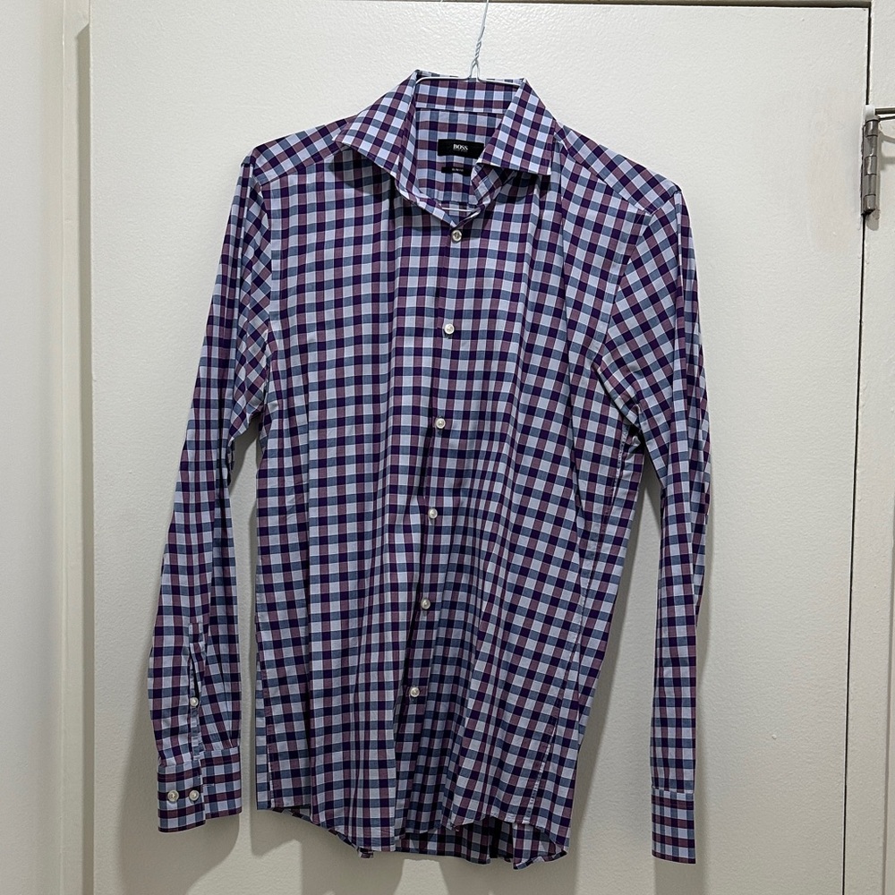 BOSS Purple Plaid Check Button-Down Shirt, Slim Fit (39, 15.5)